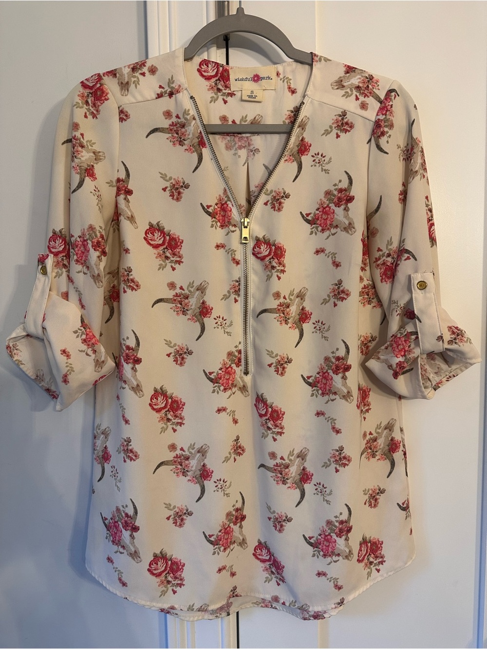 Wishful Park Cream Floral Zip-Front Blouse